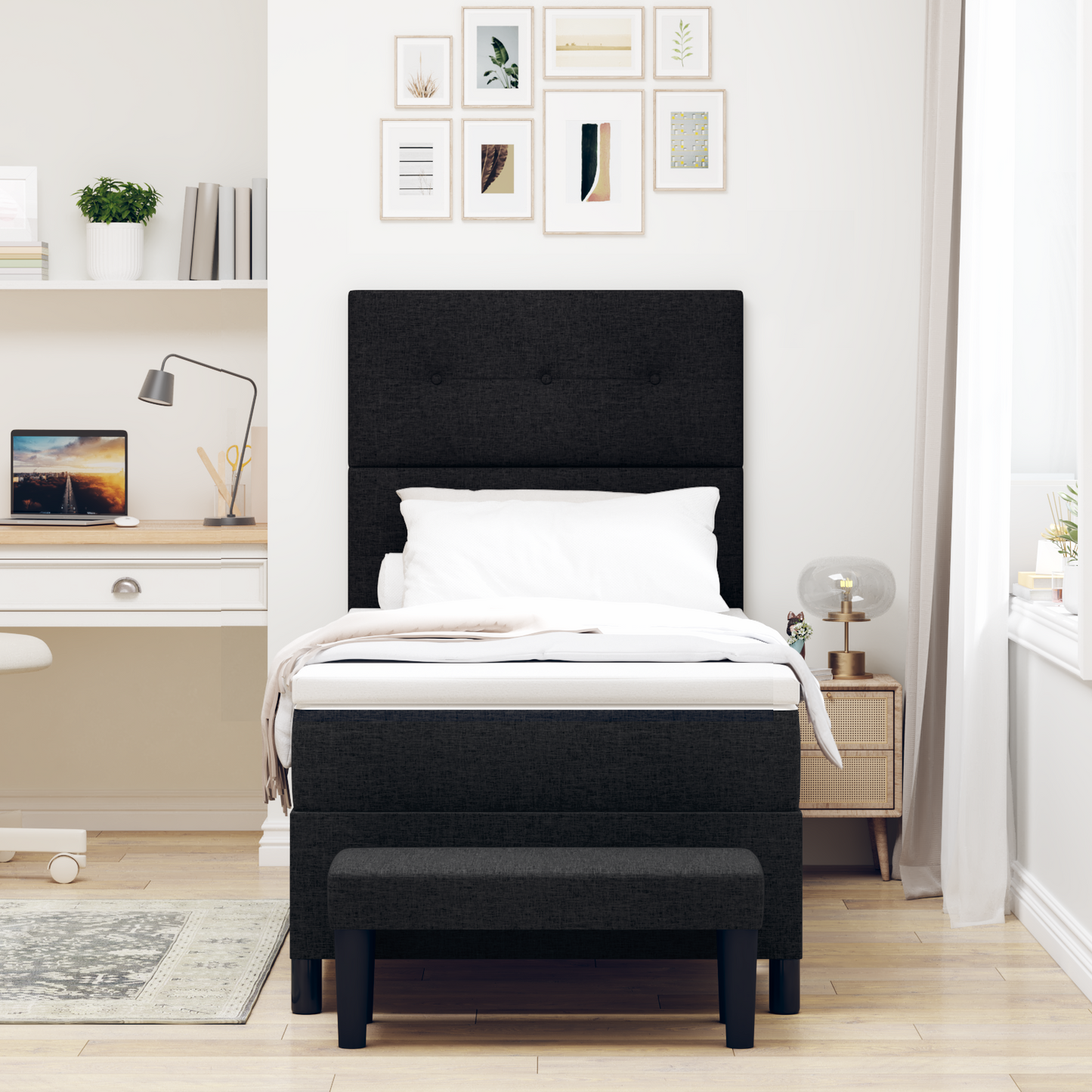 Box Spring Seng Med Madras Sort 100 X 200 Cm Stof