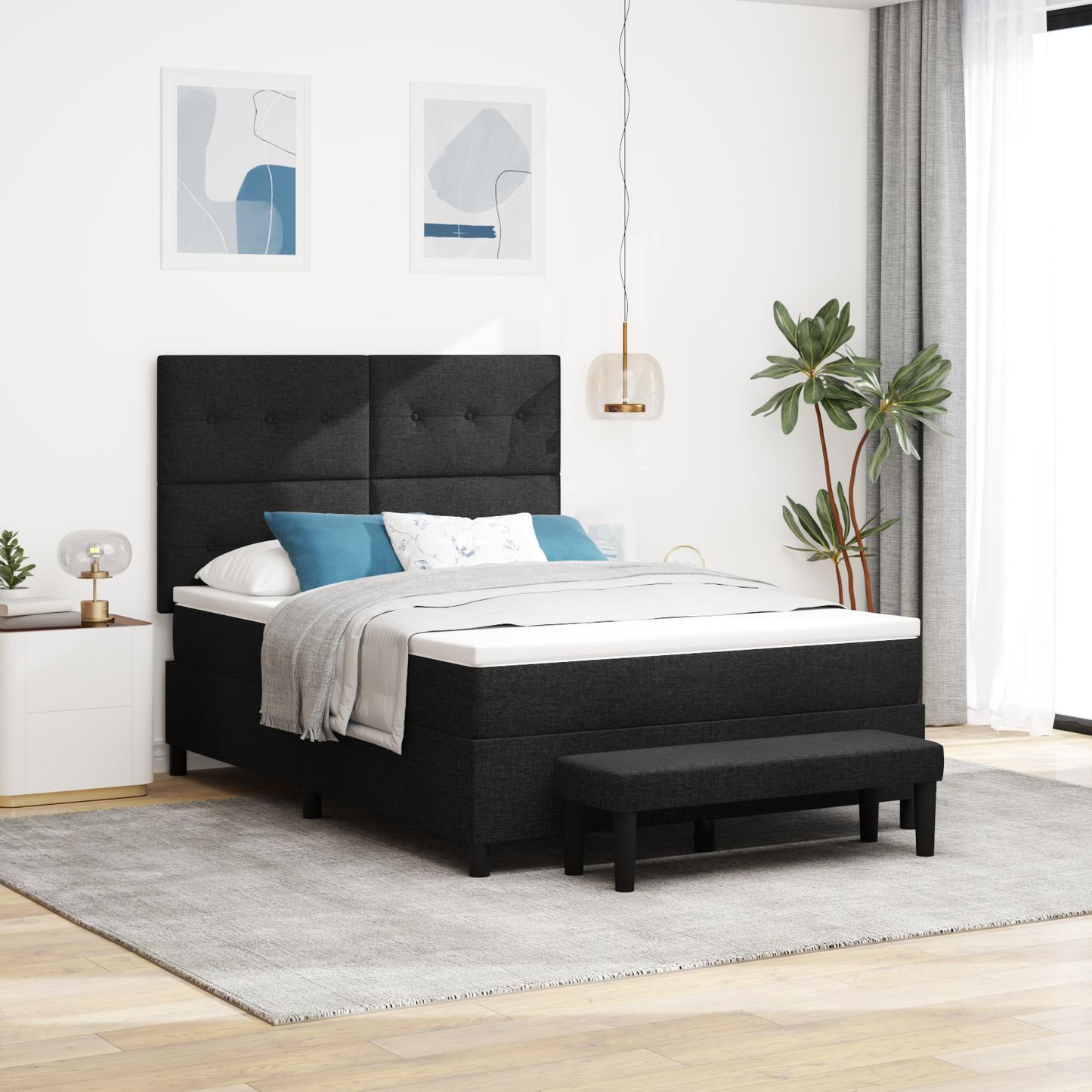 Box Spring Seng Med Madras Sort 140 X 190 Cm Stof