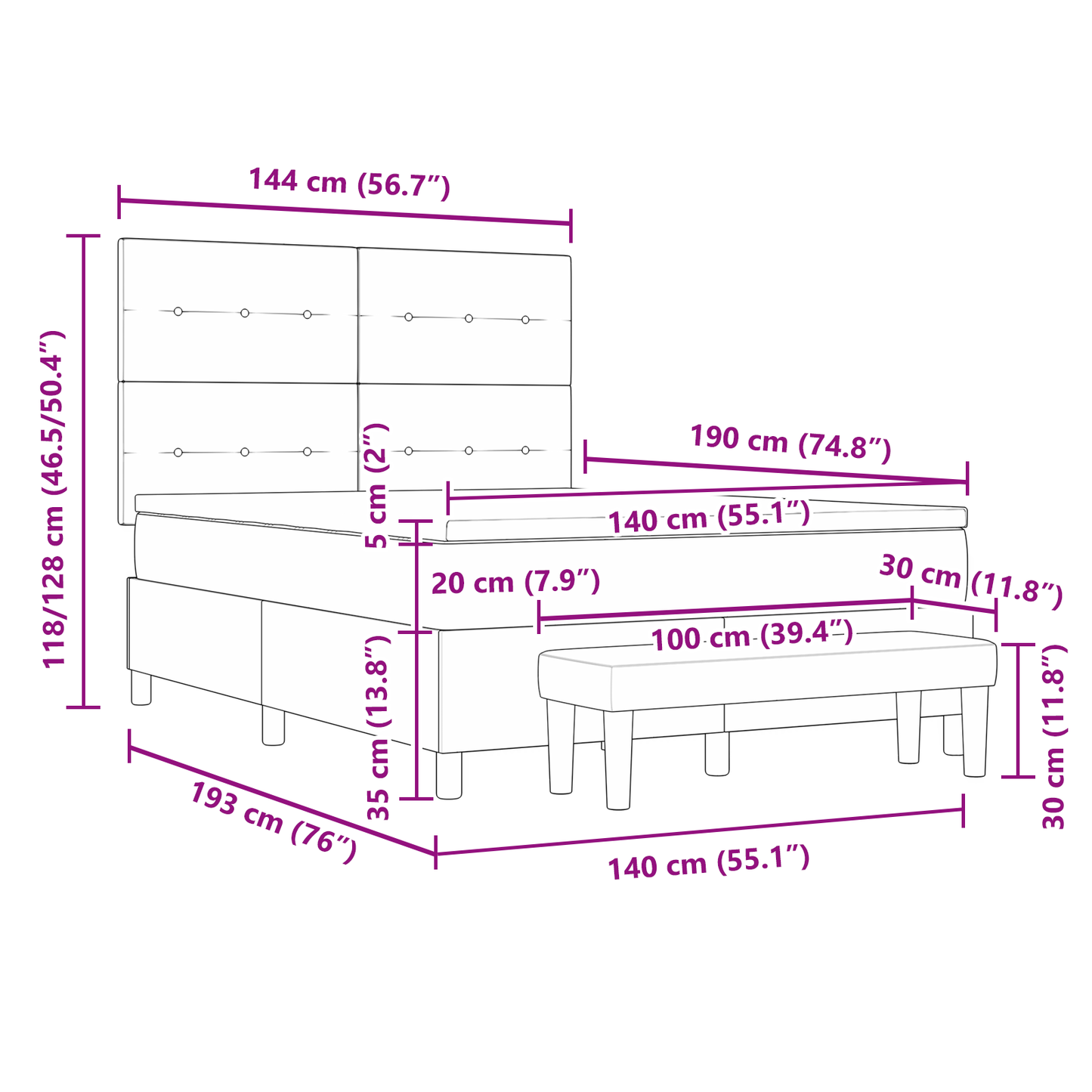 Box Spring Seng Med Madras Sort 140 X 190 Cm Stof