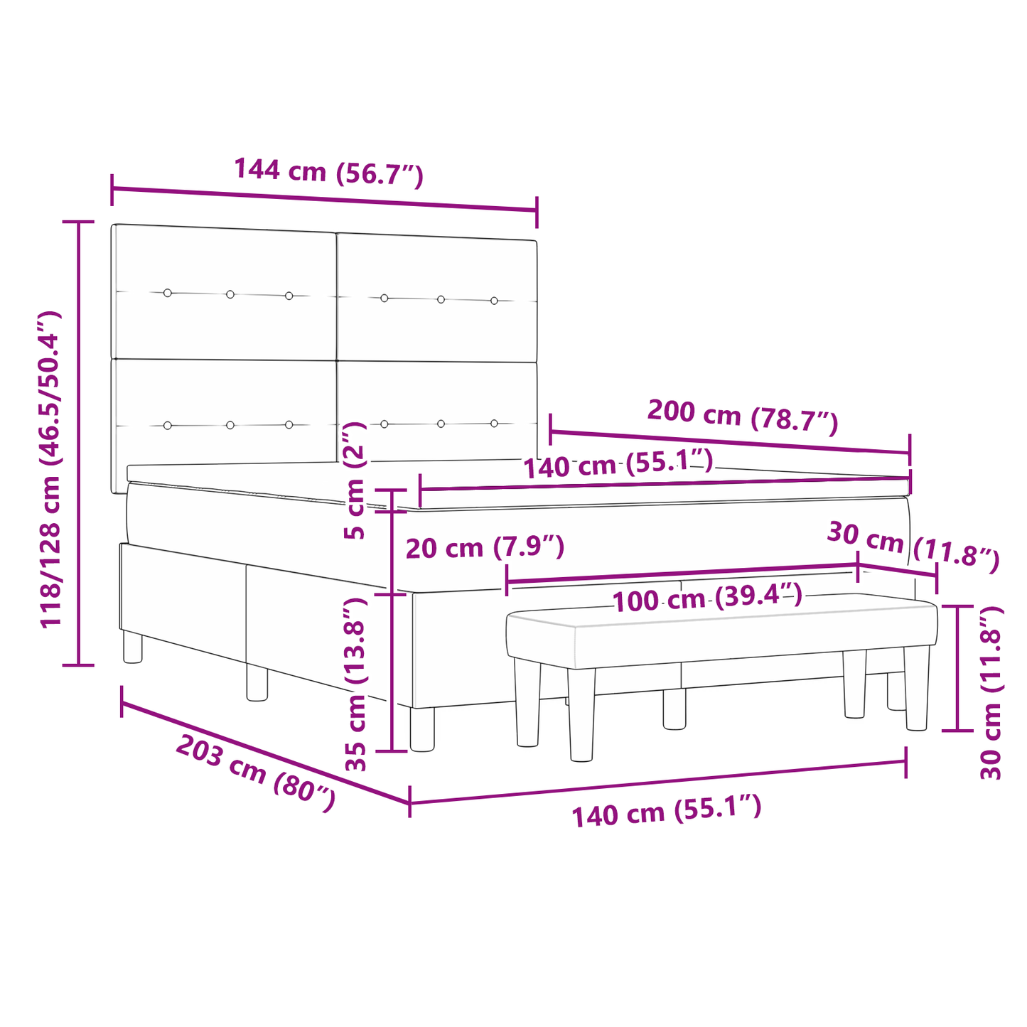 Box Spring Seng Med Madras Sort 140 X 200 Cm Stof