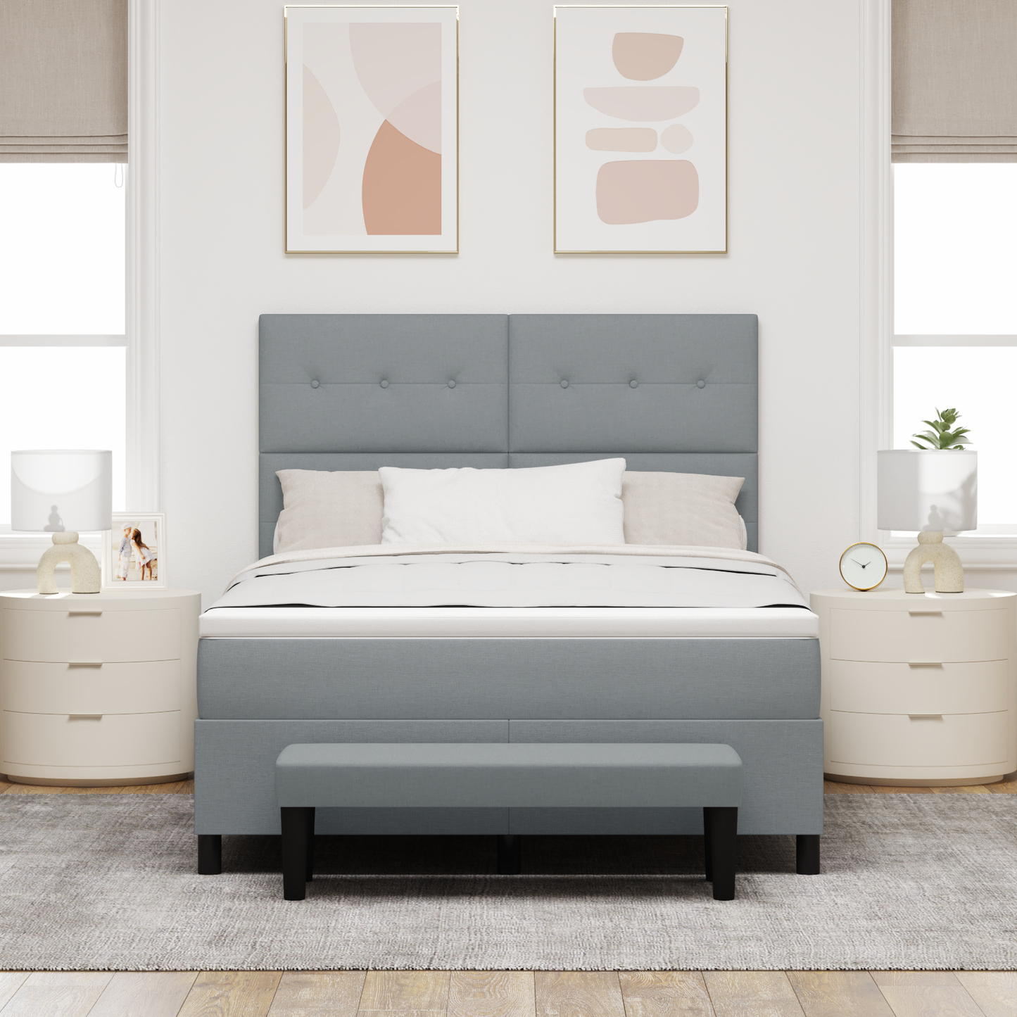 Box Spring Seng Med Madras Lysegrå 160 X 200 Cm Stof