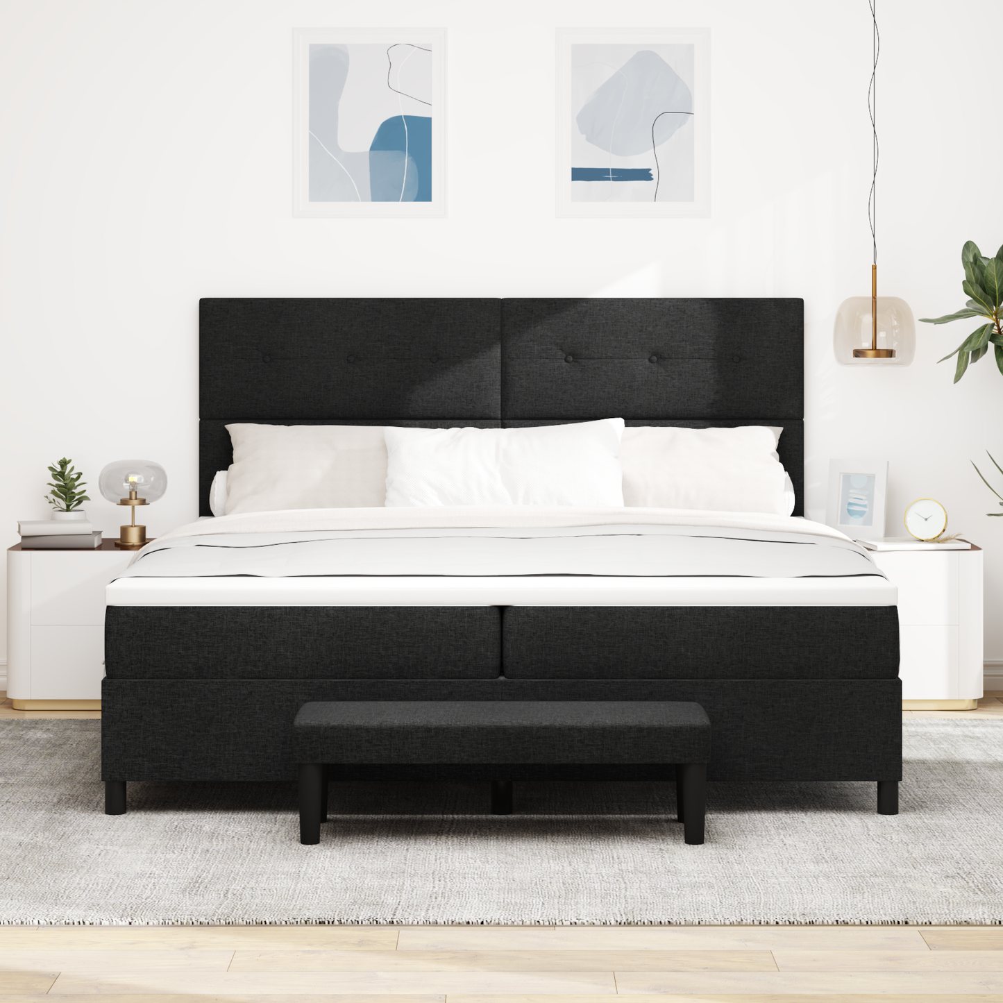 Box Spring Seng Med Madras Sort 200 X 200 Cm Stof