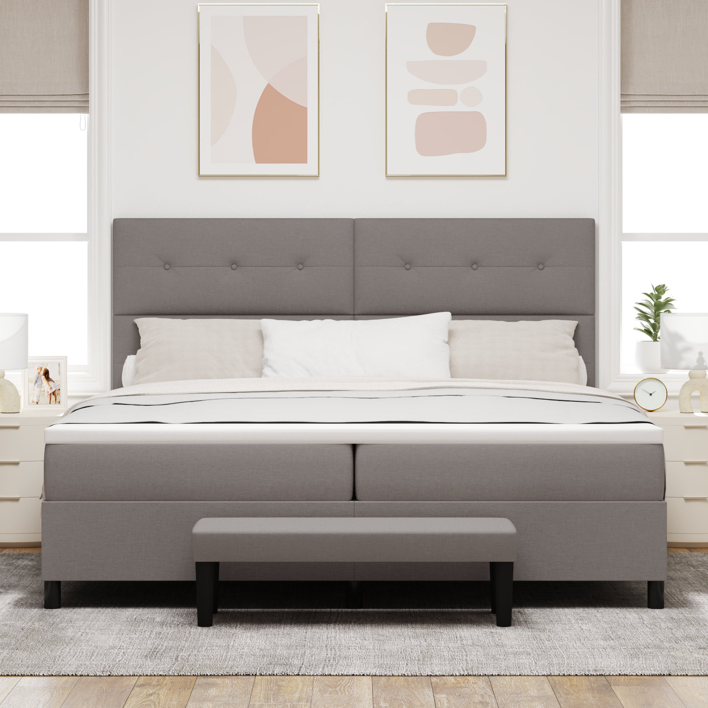 Box Spring Seng Med Madras Gråbrun 200 X 200 Cm Stof