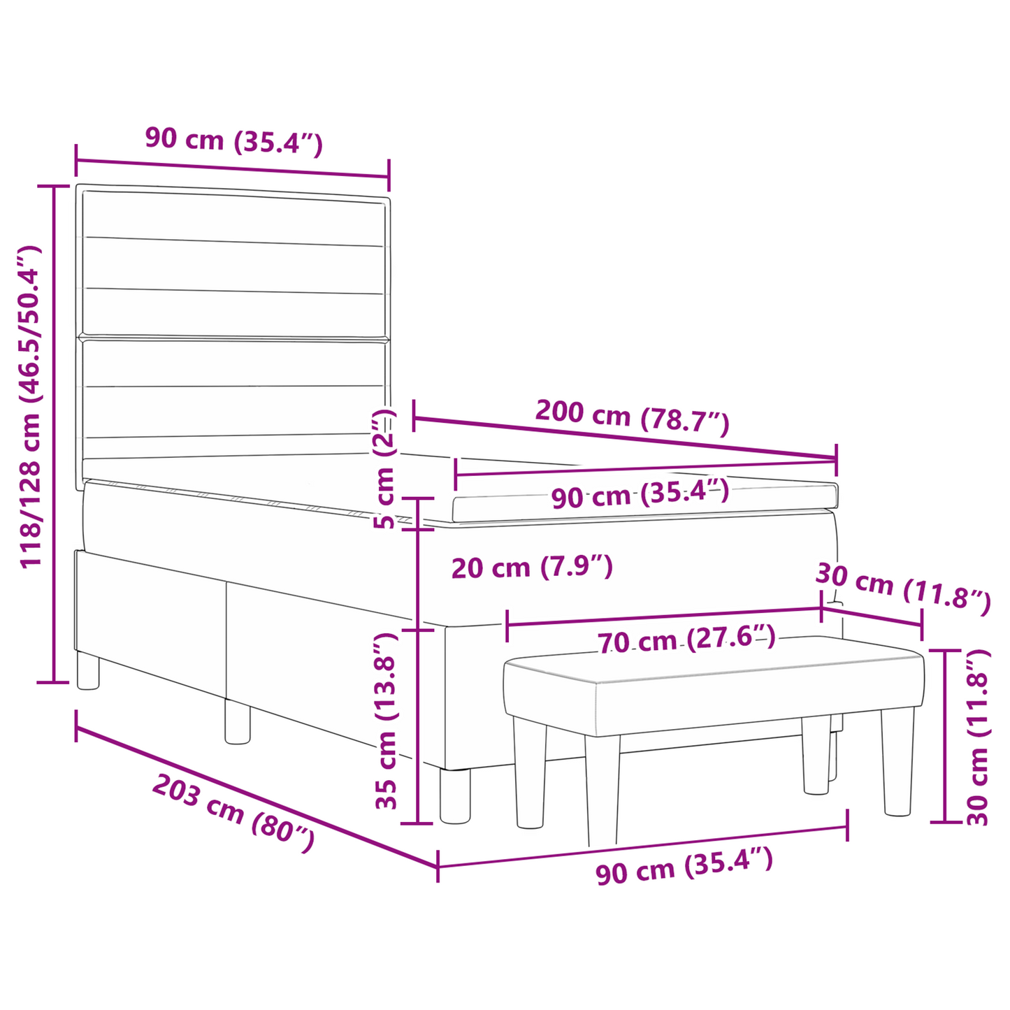 Box Spring Seng Med Madras Sort 100 X 200 Cm Stof
