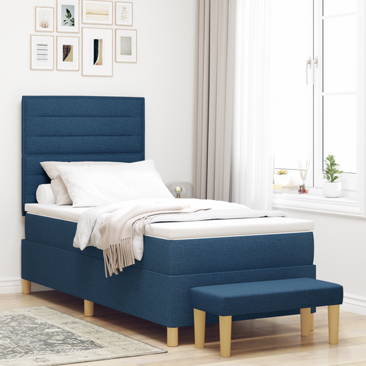 Box Spring Seng Med Madras Med Hovedgærde Blå 100 X 200 Cm Stof