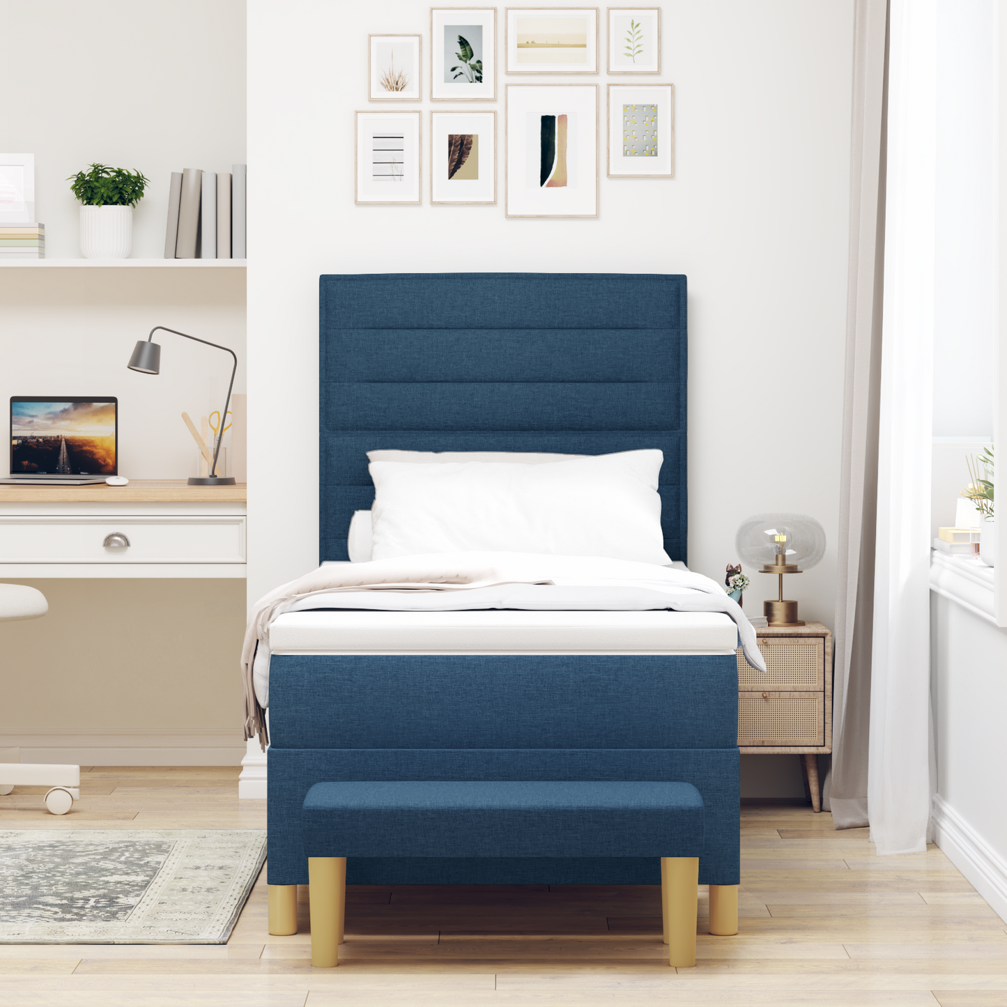 Box Spring Seng Med Madras Med Hovedgærde Blå 100 X 200 Cm Stof