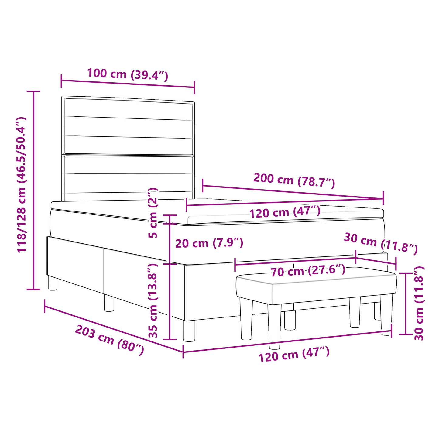 Box Spring Seng Med Madras Sort 120 X 200 Cm Stof