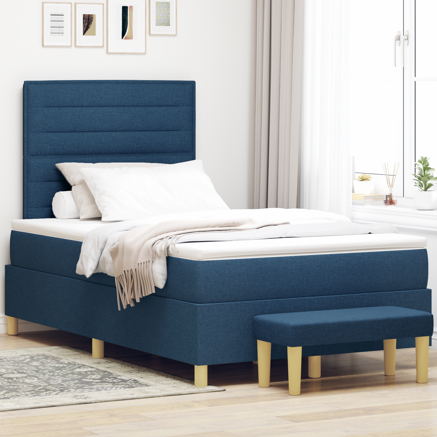 Box Spring Seng Med Madras Med Hovedgærde Blå 120 X 200 Cm Stof