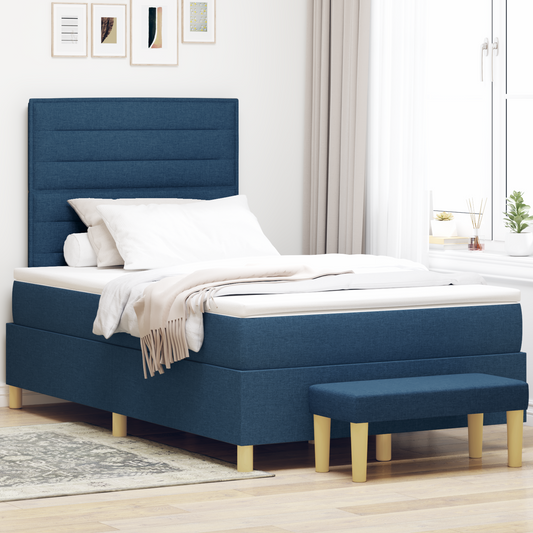 Box Spring Seng Med Madras Med Hovedgærde Blå 120 X 200 Cm Stof