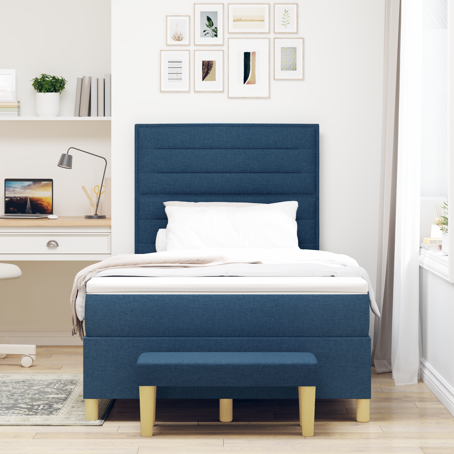 Box Spring Seng Med Madras Med Hovedgærde Blå 120 X 200 Cm Stof