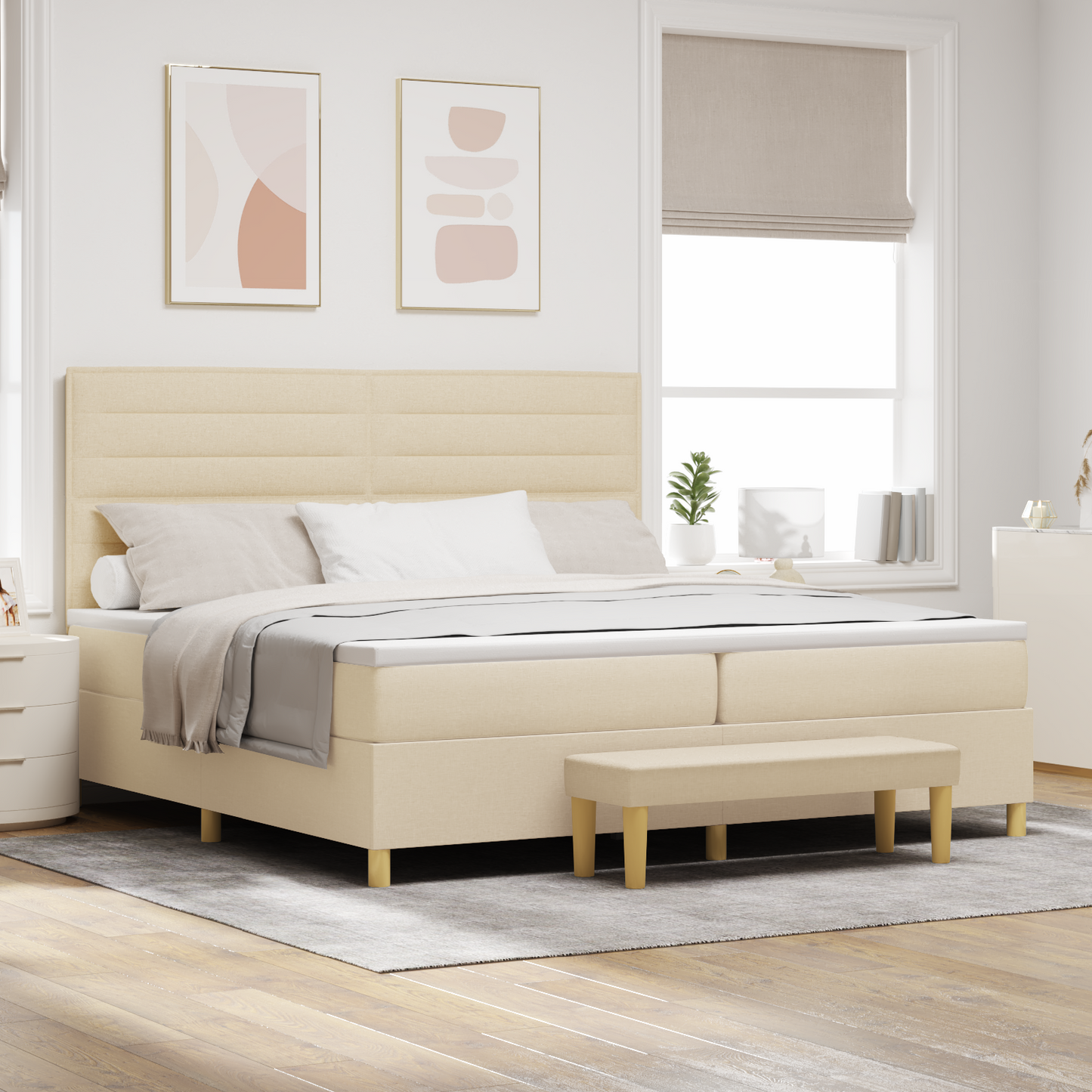 Box Spring Seng Med Madras Creme 200 X 200 Cm Stof