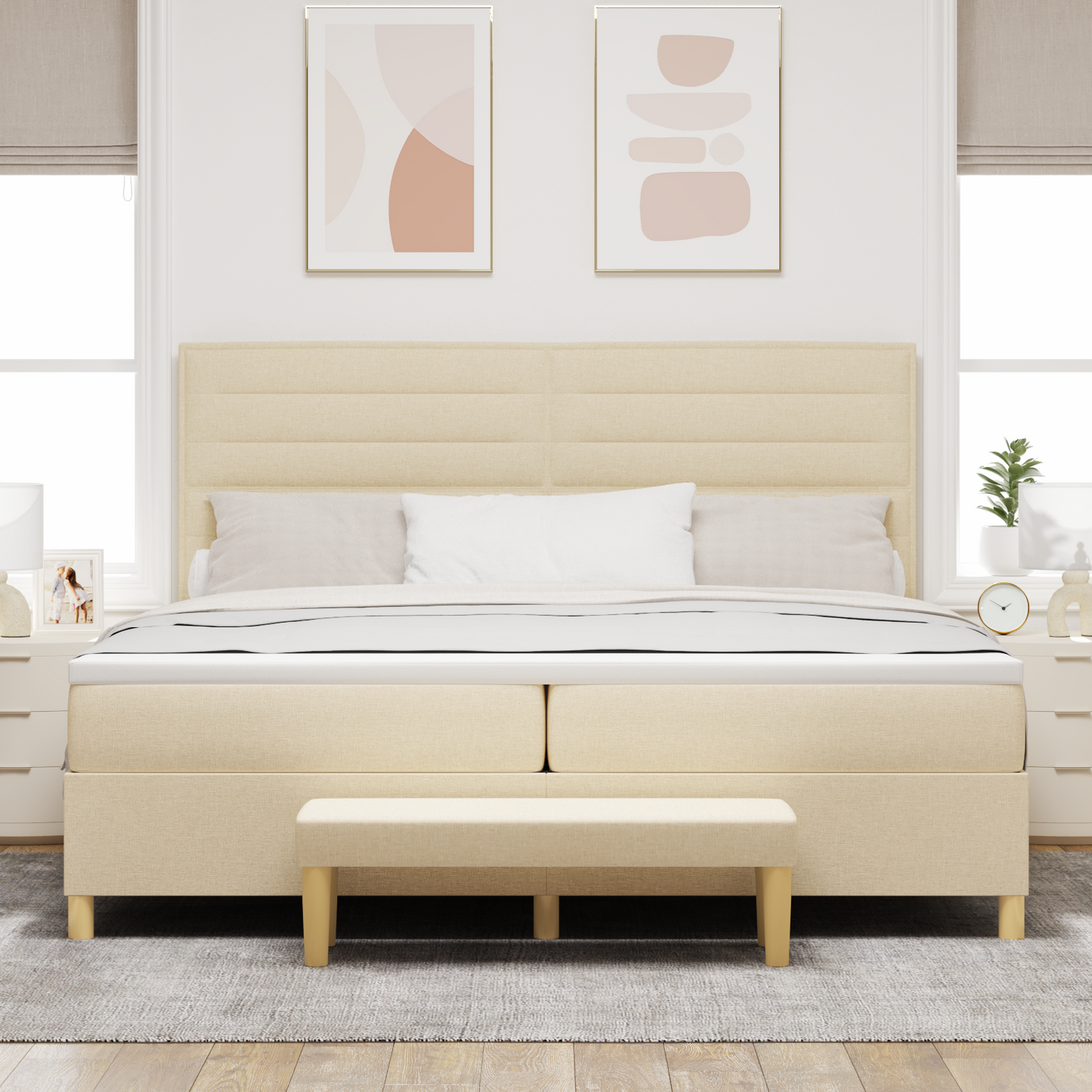Box Spring Seng Med Madras Creme 200 X 200 Cm Stof