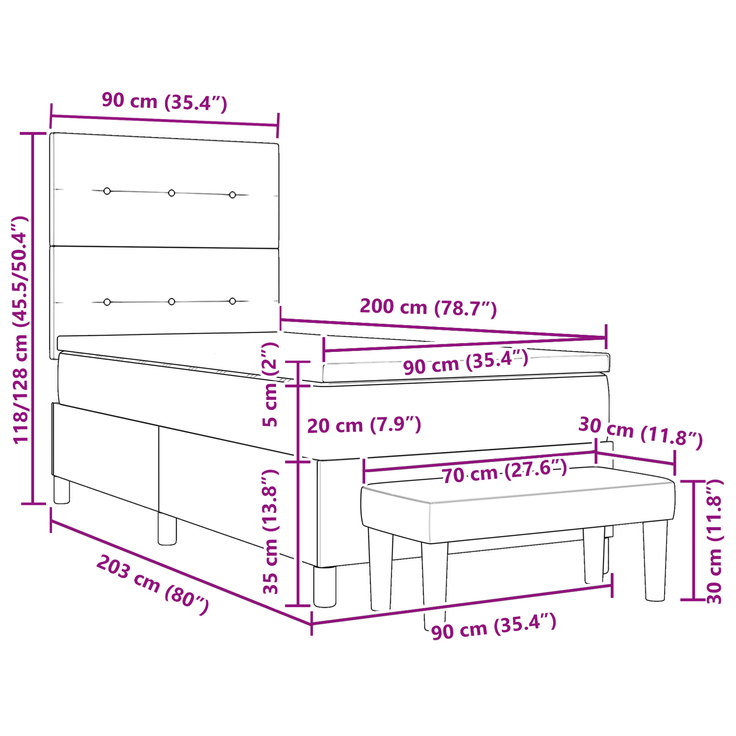 Box Spring Seng Med Madras Mørkegrå 90 X 200 Cm Stof