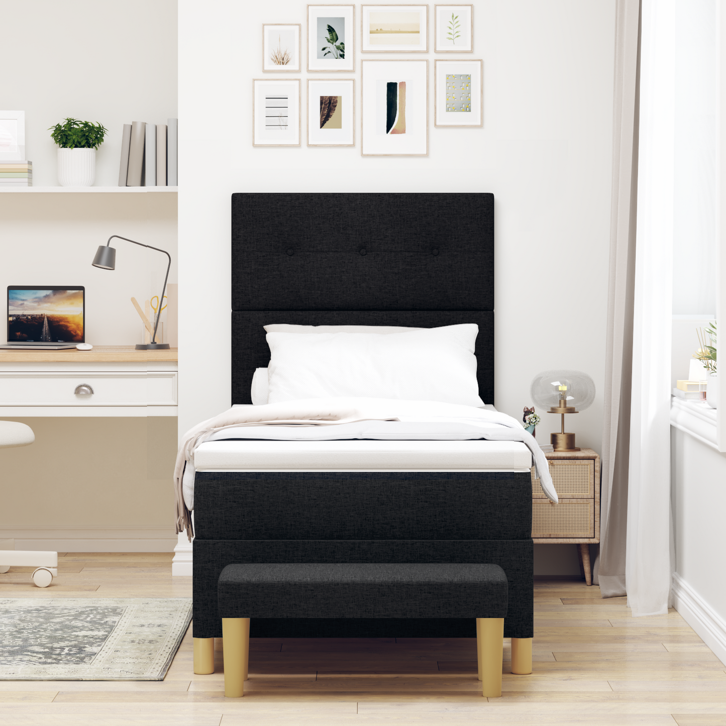 Box Spring Seng Med Madras Sort 100 X 200 Cm Stof