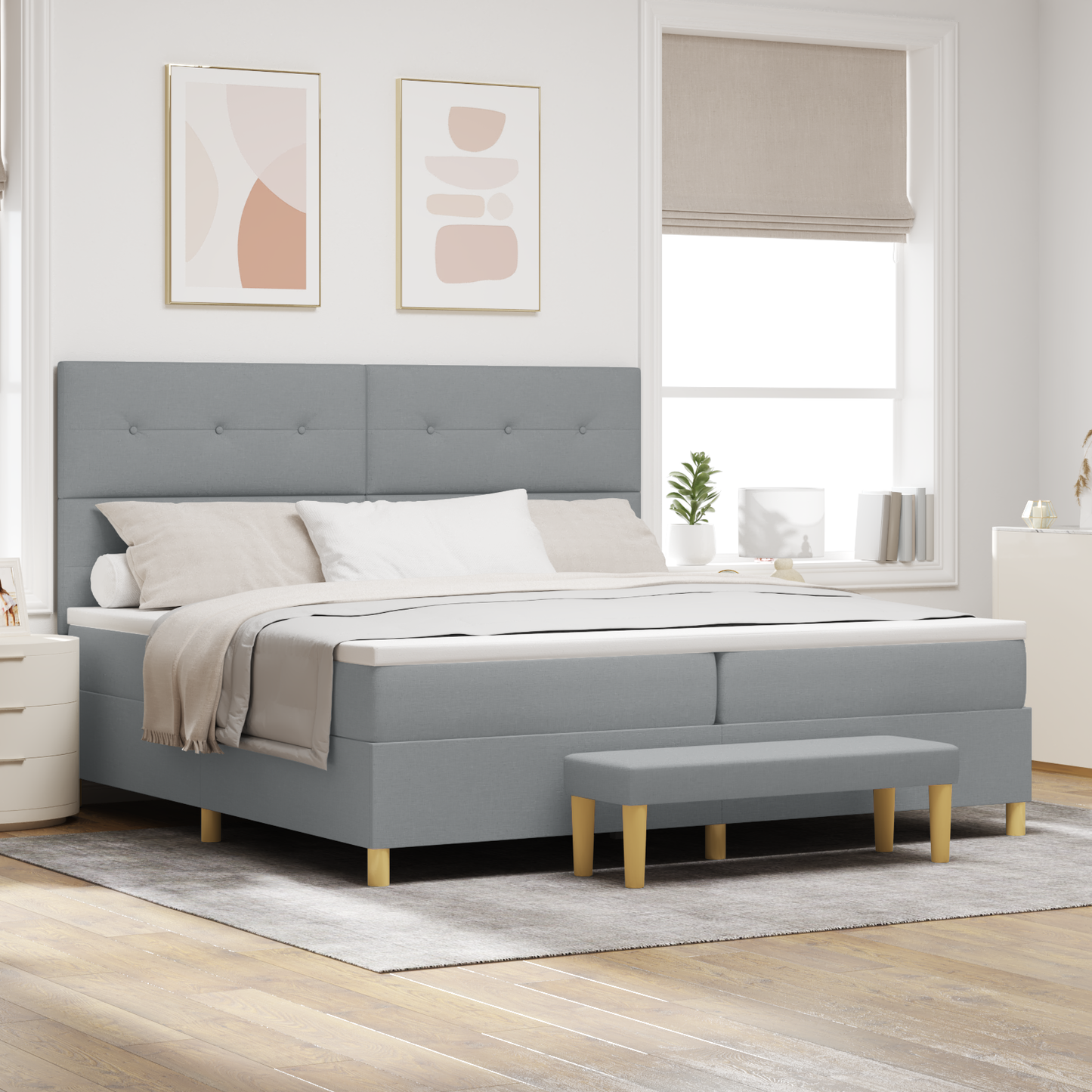 Box Spring Seng Med Madras Lysegrå 200 X 200 Cm Stof