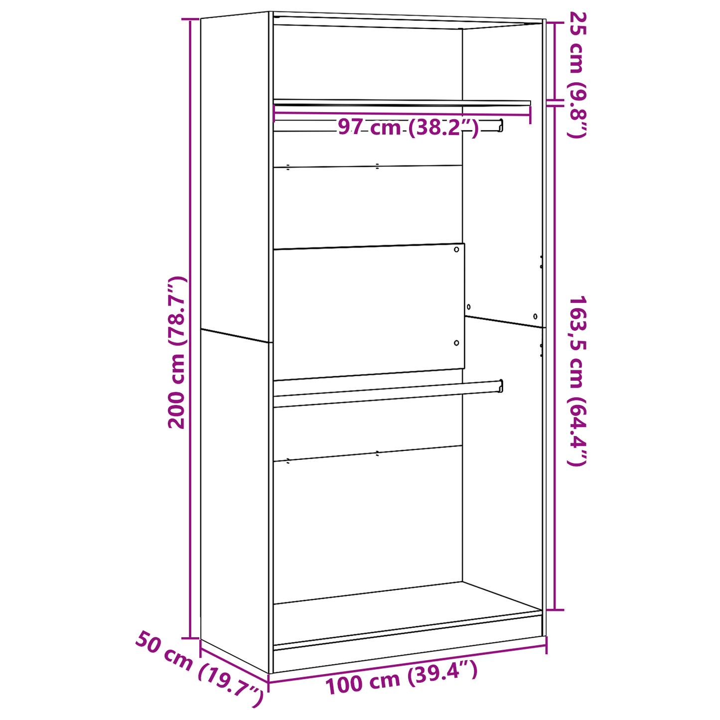 Sort Egetræ Garderobe - 100X50X200 Cm