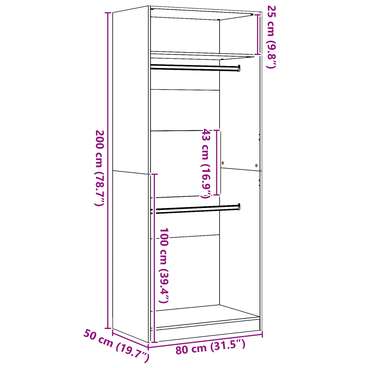 Garderobe Sort Eg 80X50X200 Cm Bygget Af Træ