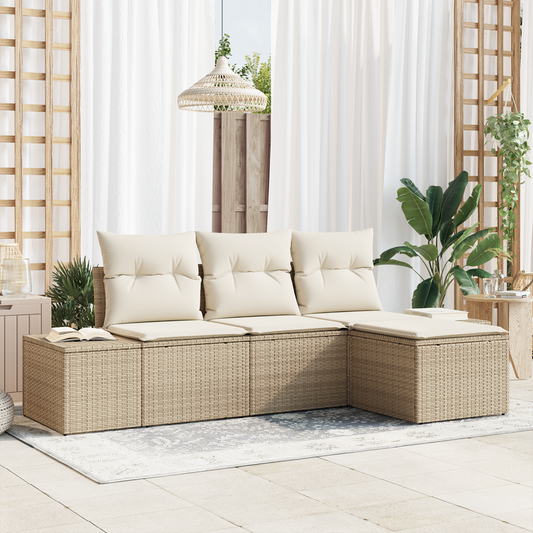 4 Personers Havemøbel Sæt Med Hynder Beige Poly Rattan