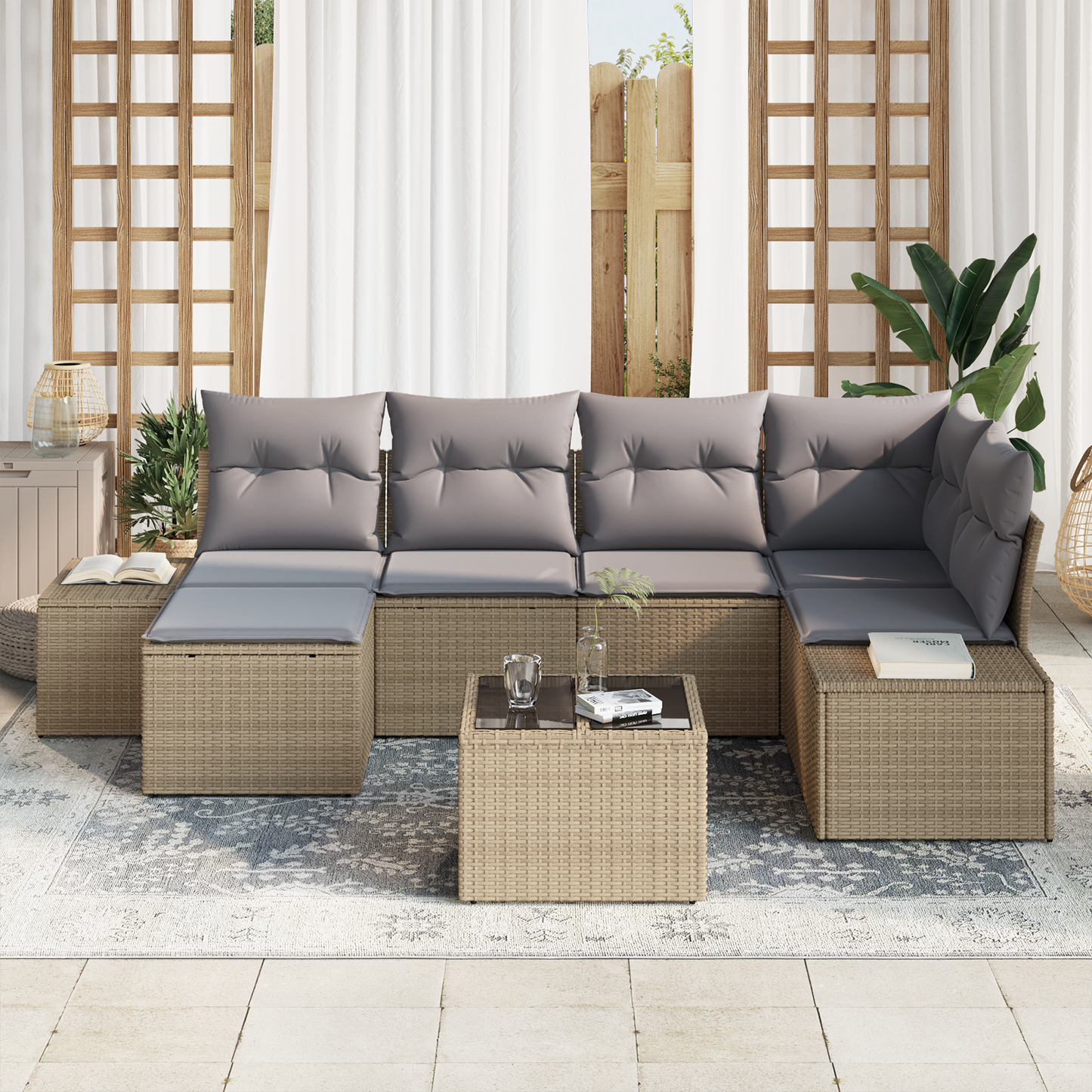 7 Delers Have Sofa Sæt Med Puder Sort Poly Rattan