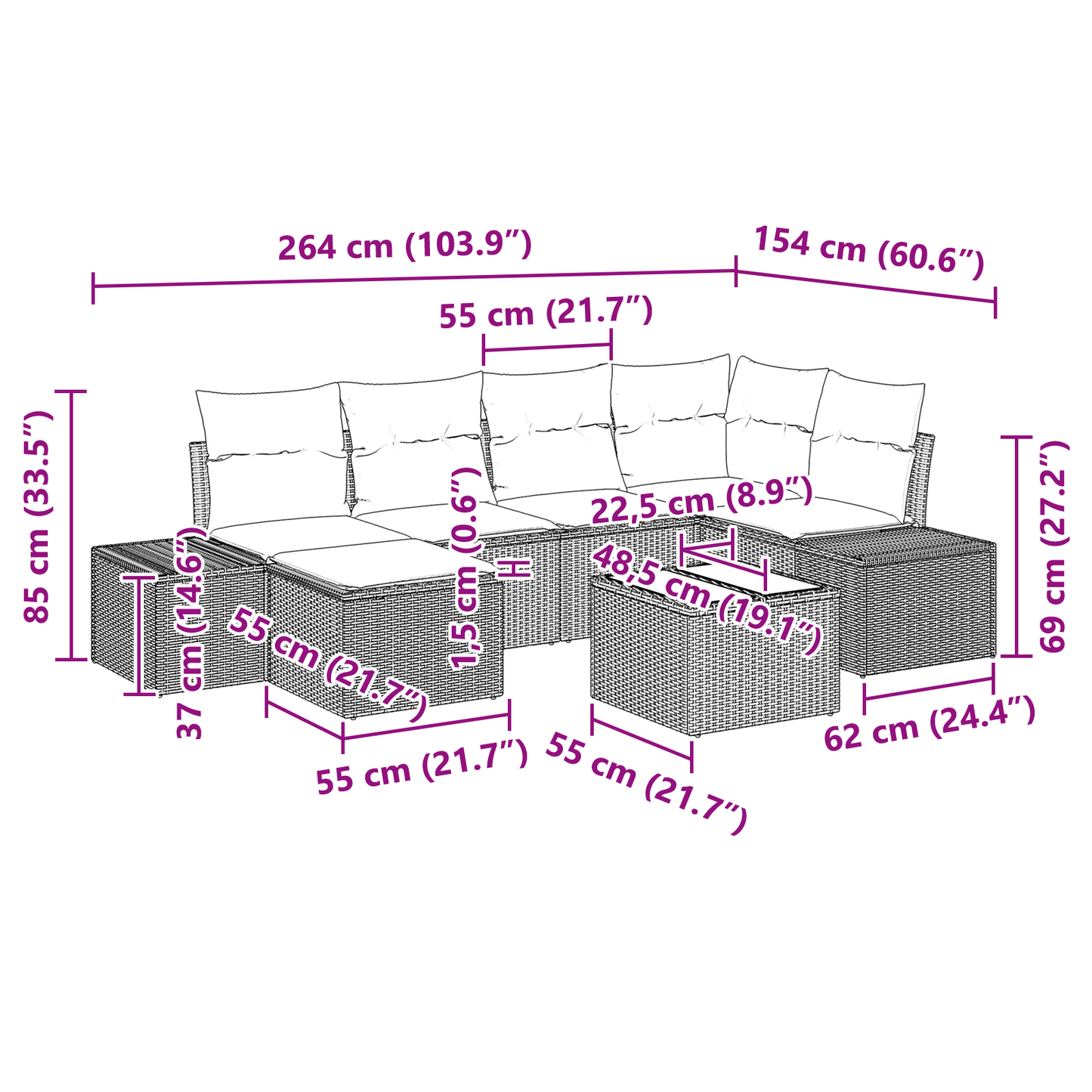7 Delers Have Sofa Sæt Med Puder Sort Poly Rattan