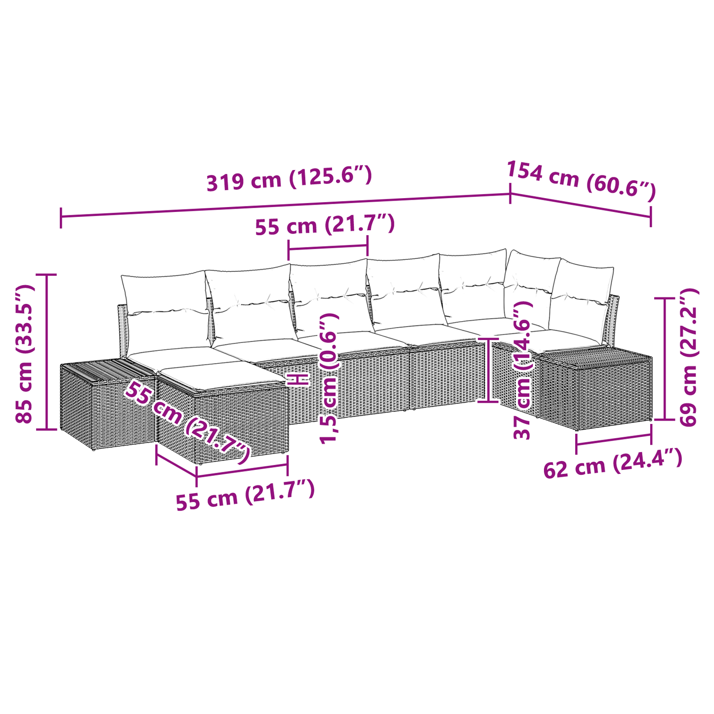 7 Personers Have Sofasæt Med Puder Sort Poly Rattan