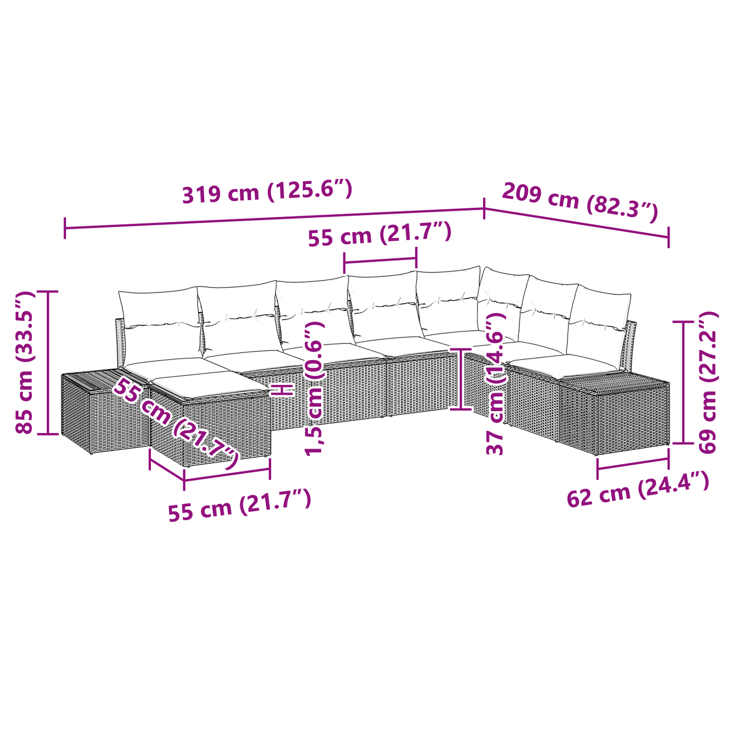 8 Delt Have Sofa Sæt Med Puder Lysegrå Poly Rattan