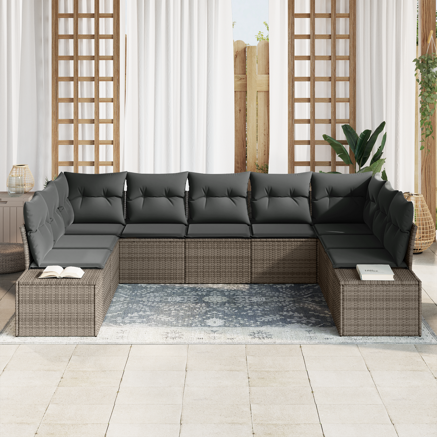9 Delt Have Sofa Sæt Med Puder Grå Poly Rattan