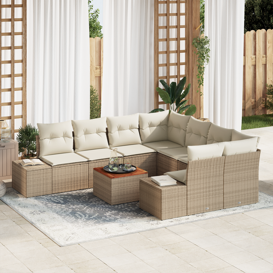 9-Delers Havemøbel Sæt Med Hynder Beige Poly Rattan Akacie