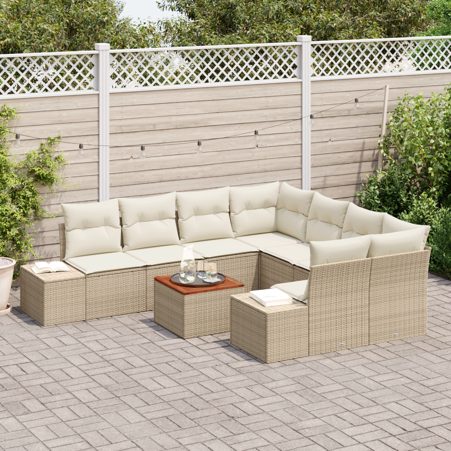 9-Delers Havemøbel Sæt Med Hynder Beige Poly Rattan Akacie