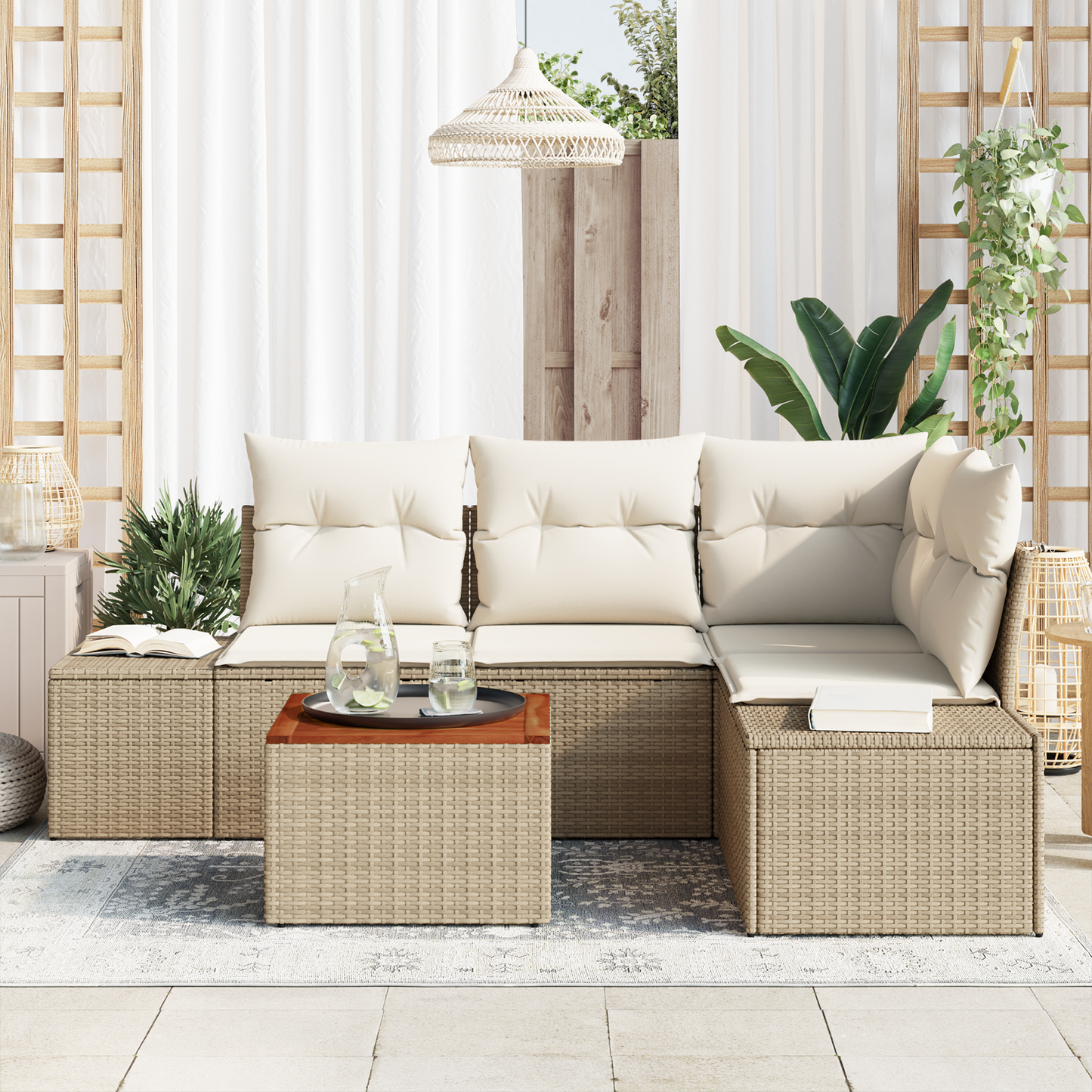 5-Delt Have-Sofa Sæt Med Puder Beige Poly Rattan Akacie
