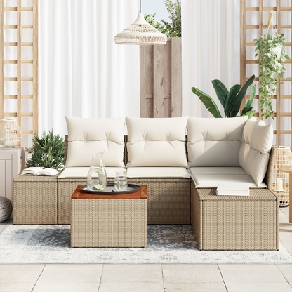 5-Delt Have-Sofa Sæt Med Puder Beige Poly Rattan Akacie