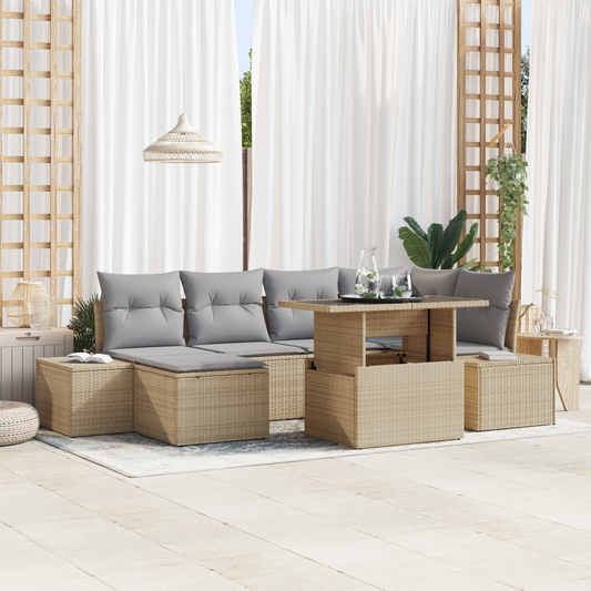 7 Delt Havesofa Sæt Med Puder Beige Poly Rattan