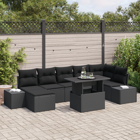 8 Stykker Havemøbel Sæt Med Puder Sort Polyrattan