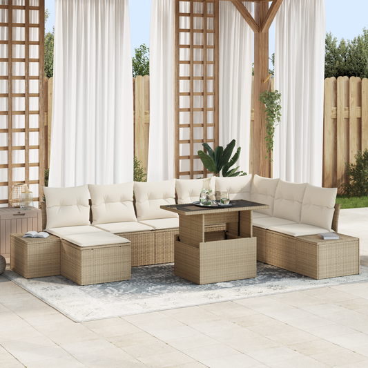 9-Delt Havemøbelssæt Med Puder Beige Poly Rattan