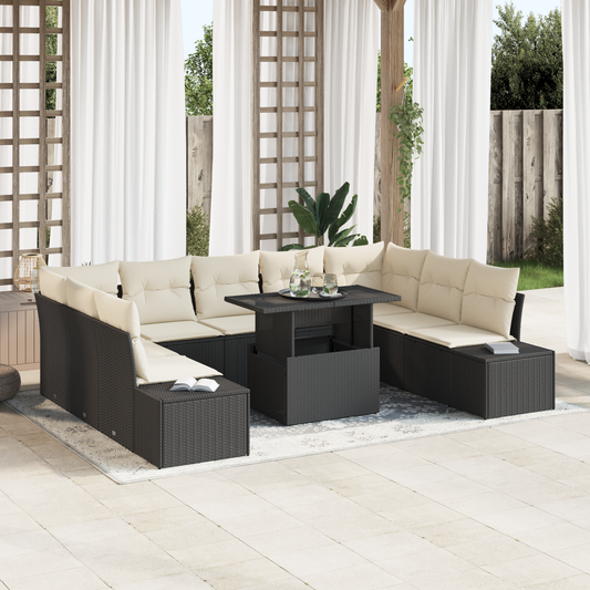 10 Stykke Have Sofa Sæt Med Puder Sort Poly Rattan