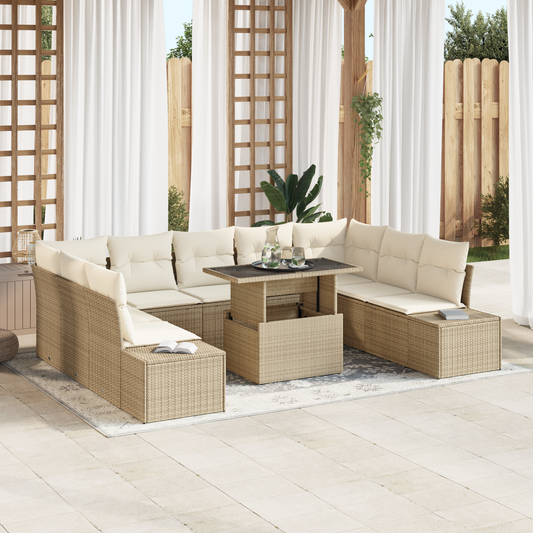 10-Delers Havemøbelsæt Med Puder Beige Poly Rattan