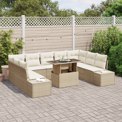 10-Delers Havemøbelsæt Med Puder Beige Poly Rattan