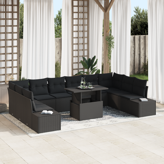 11 Delers Have Sofa Sæt Med Puder Sort Poly Rattan