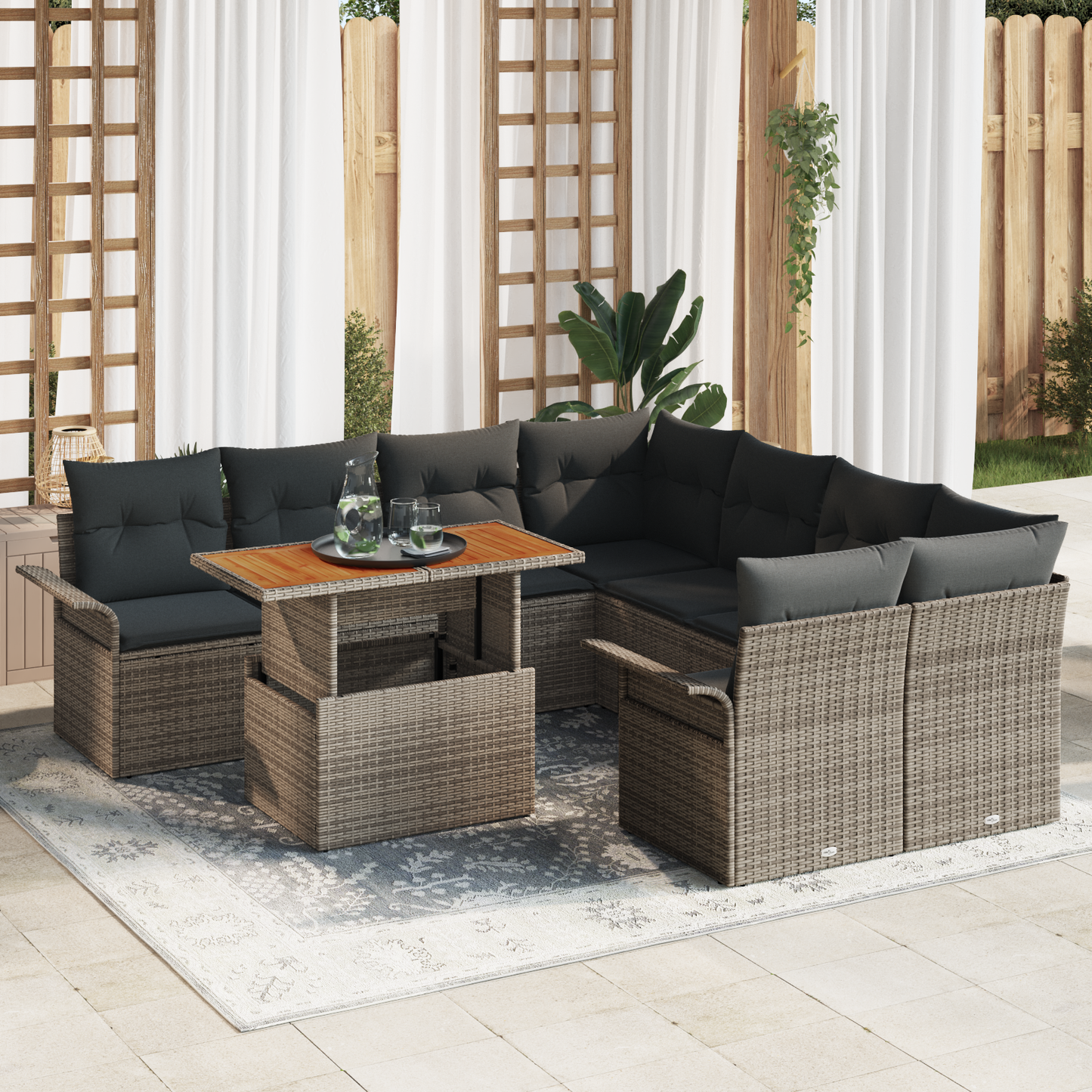 9 Delt Have Sofa Sæt Med Puder Grå Poly Rattan Acacia