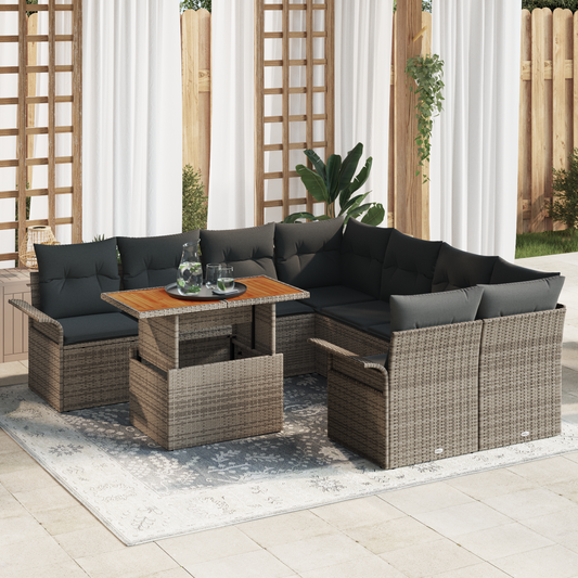 9 Delt Have Sofa Sæt Med Puder Grå Poly Rattan Acacia