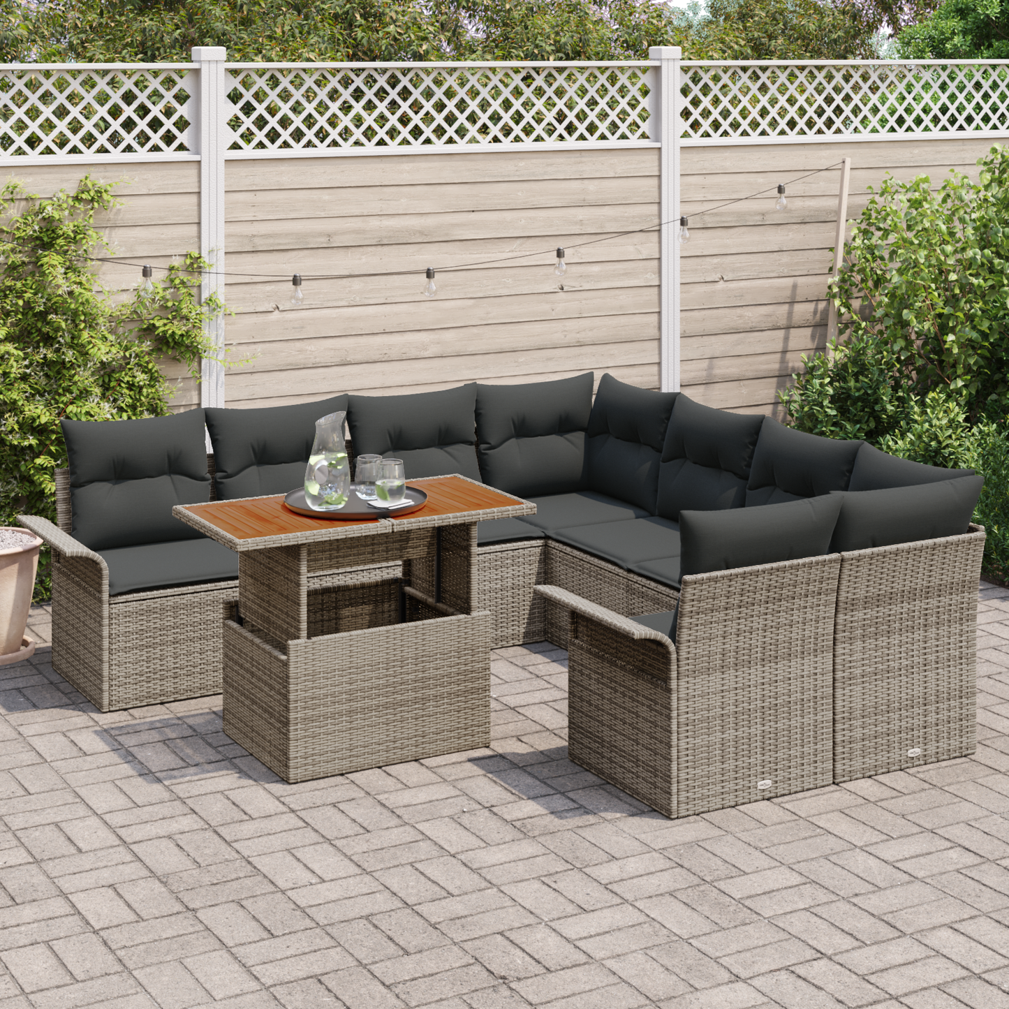 9 Delt Have Sofa Sæt Med Puder Grå Poly Rattan Acacia