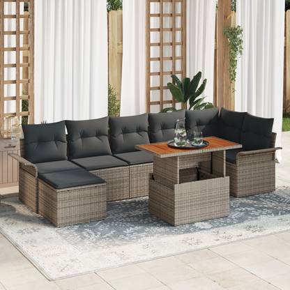8 Piece Havemøbel Dining Sæt Med Puder Grå Poly Rattan Akacietræ