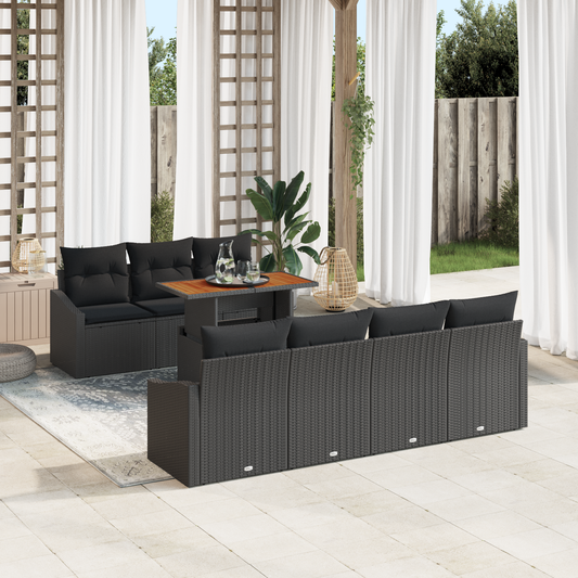 8 Piece Have Spisestel Med Puder Sort Poly Rattan Akacie