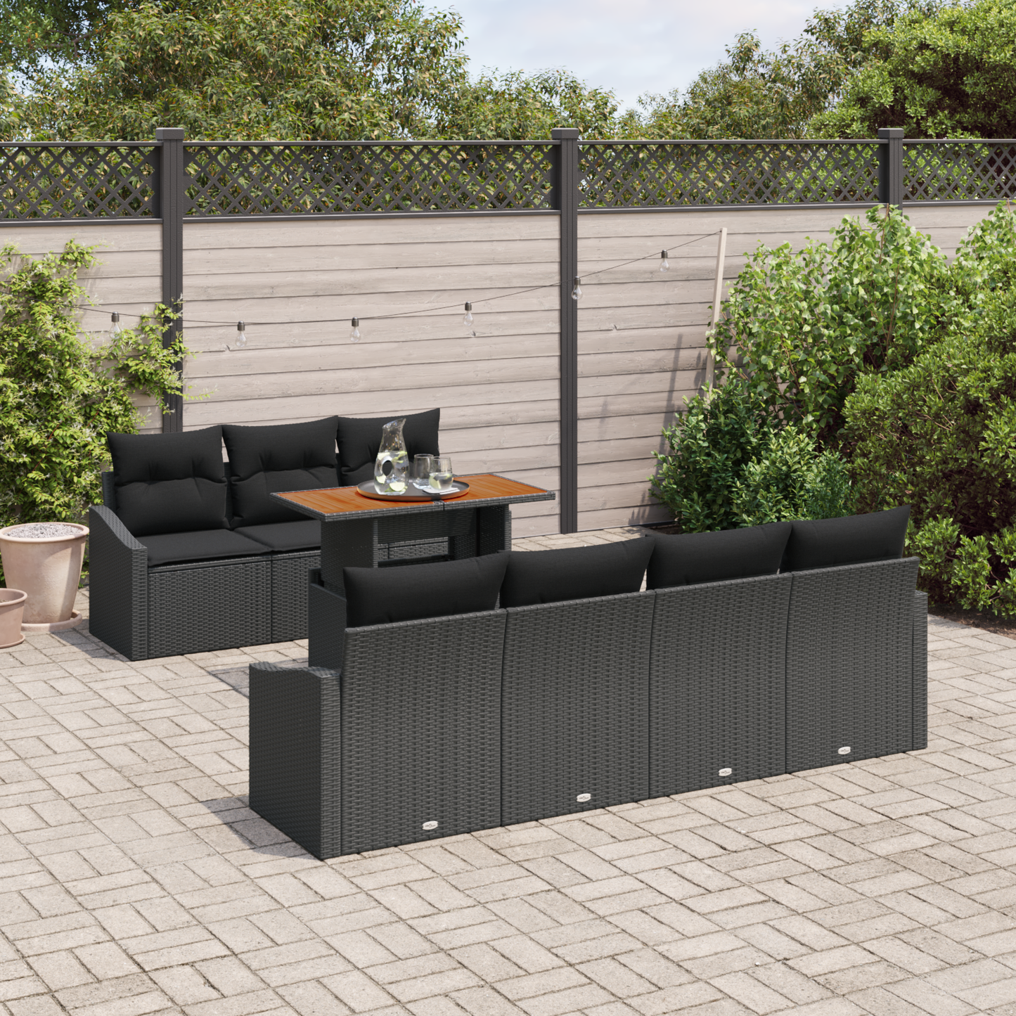 8 Piece Have Spisestel Med Puder Sort Poly Rattan Akacie