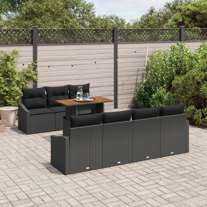 8 Piece Have Spisestel Med Puder Sort Poly Rattan Akacie
