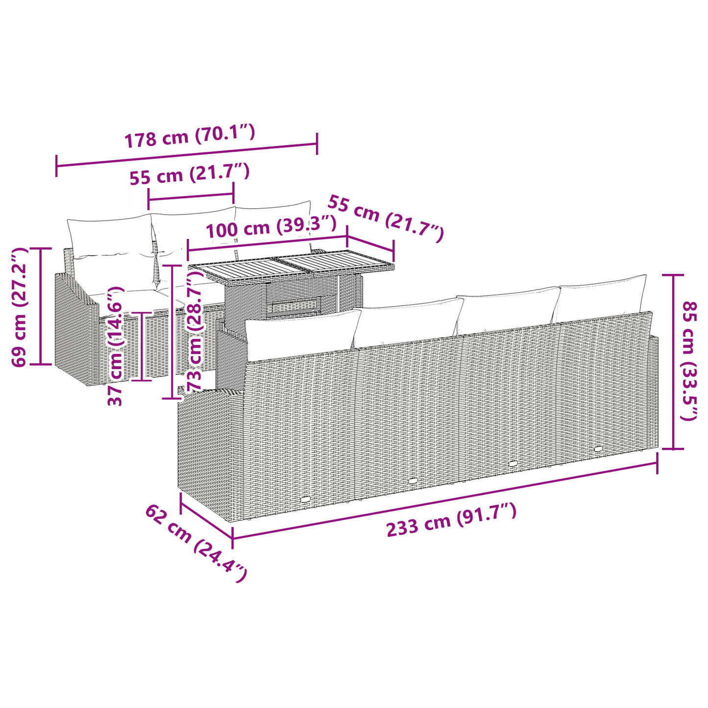 8 Piece Have Spisestel Med Puder Sort Poly Rattan Akacie