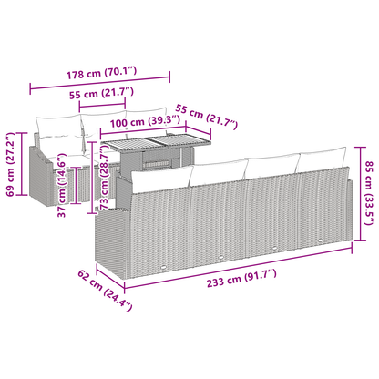 8 Piece Have Spisestel Med Puder Sort Poly Rattan Akacie