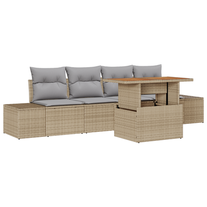 5-Delt Have Spisebord Sæt Med Puder Beige Poly Rattan Akacie