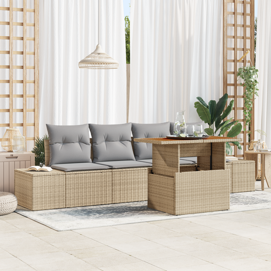 5-Delt Have Spisebord Sæt Med Puder Beige Poly Rattan Akacie