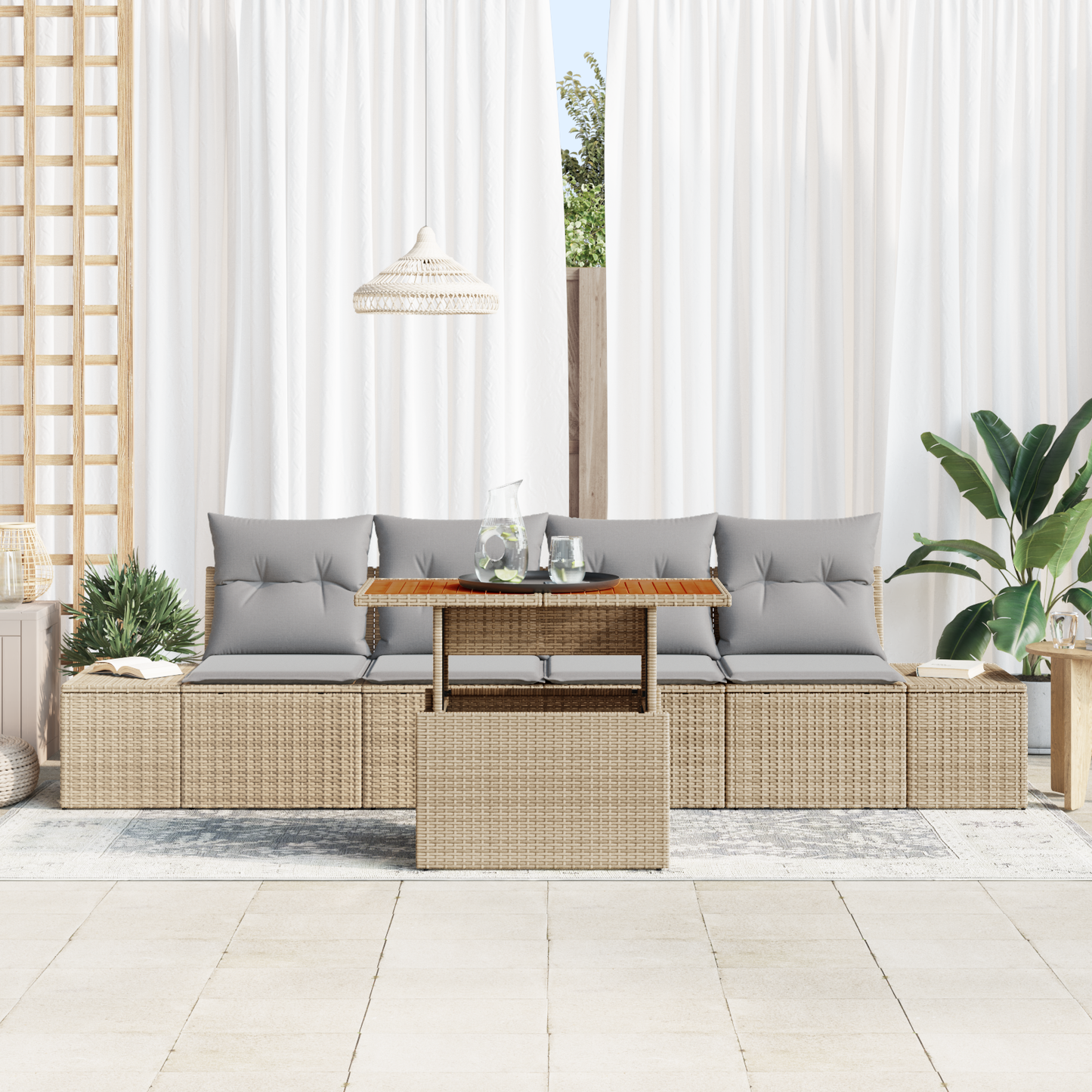 5-Delt Have Spisebord Sæt Med Puder Beige Poly Rattan Akacie